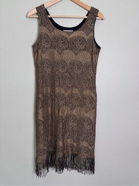 VTG 90s S.L. Fashions Gold Crochet Fringe Trim Party Dress-Size 10P-Flapper